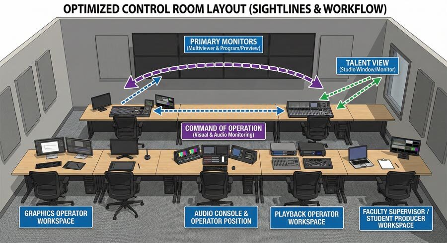 Drawing of an optimized control room layout for a University Broadcast lab, showing the required workspaces and team member placement within with the layout