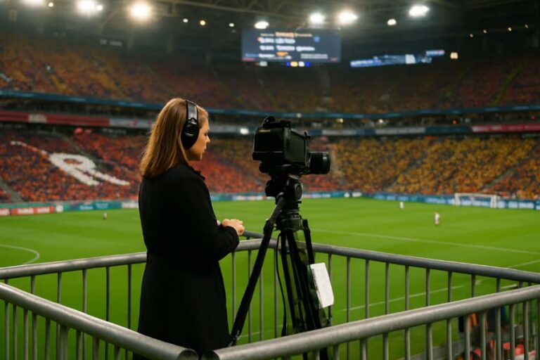 Sports reporter on a sports field, standing by a camera